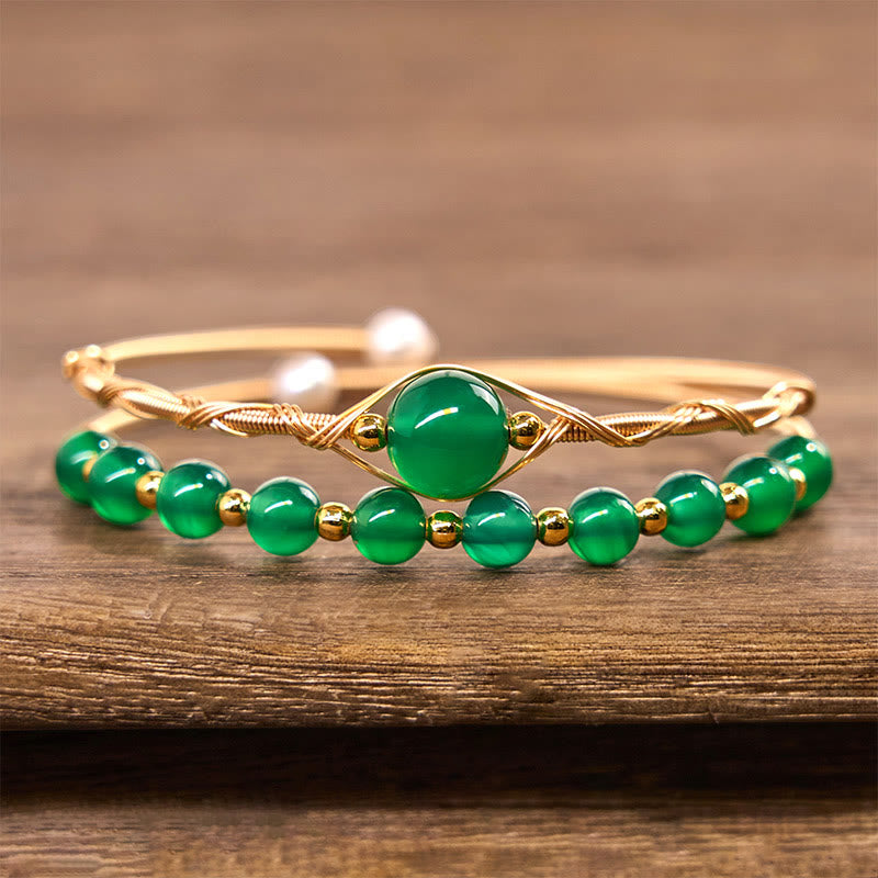 Buddha Stones 14K Złoto Wypełnione Miedzią Naturalny Zielony Agat Mocny Metal Bransoletka Mankiet Bangle