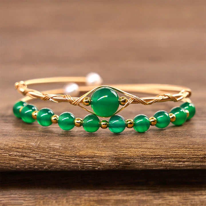 Buddha Stones 14K Złoto Wypełnione Miedzią Naturalny Zielony Agat Mocny Metal Bransoletka Mankiet Bangle