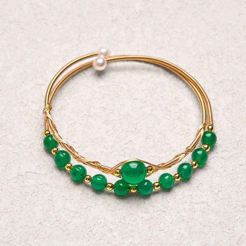Buddha Stones 14K Złoto Wypełnione Miedzią Naturalny Zielony Agat Mocny Metal Bransoletka Mankiet Bangle