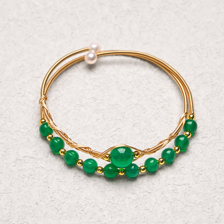 Buddha Stones 14K Złoto Wypełnione Miedzią Naturalny Zielony Agat Mocny Metal Bransoletka Mankiet Bangle