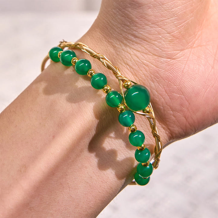 Buddha Stones 14K Złoto Wypełnione Miedzią Naturalny Zielony Agat Mocny Metal Bransoletka Mankiet Bangle