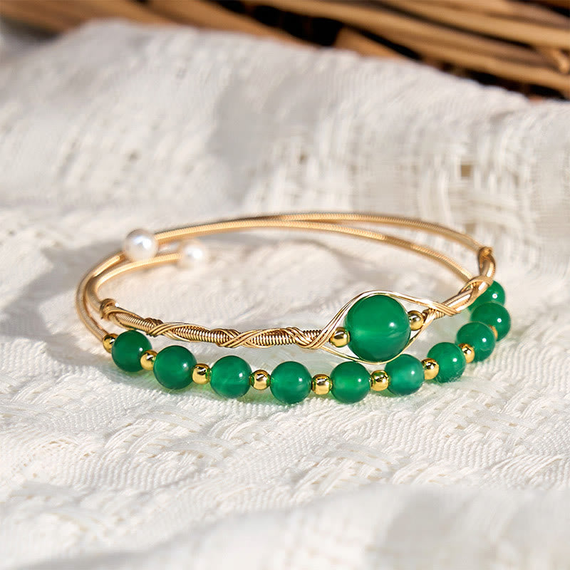 Buddha Stones 14K Złoto Wypełnione Miedzią Naturalny Zielony Agat Mocny Metal Bransoletka Mankiet Bangle