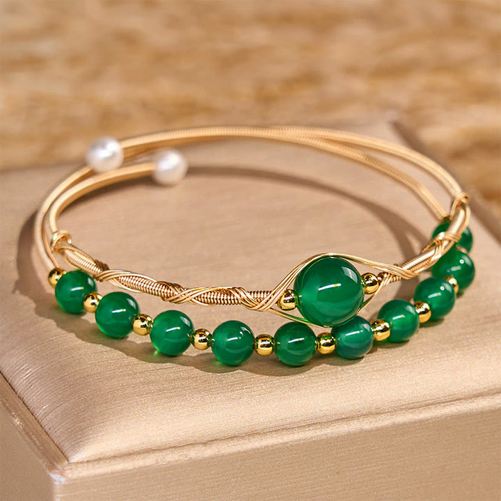 Buddha Stones 14K Złoto Wypełnione Miedzią Naturalny Zielony Agat Mocny Metal Bransoletka Mankiet Bangle