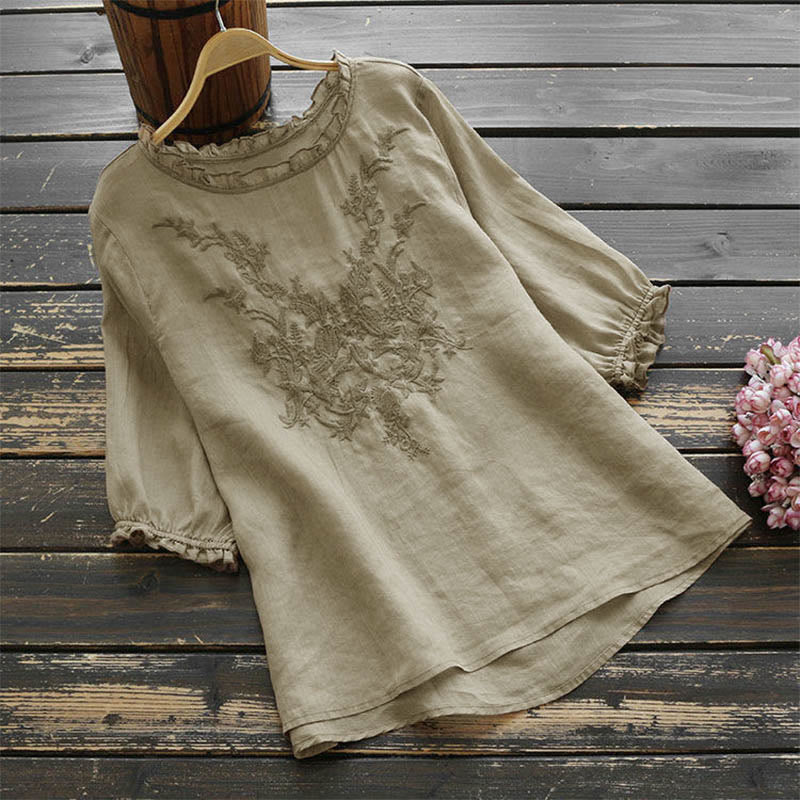 Koszulka damska z okrągłym dekoltem i haftem kwiatowym „Buddha Stones” - BurlyWood - US14, UK/AU18, EU46 (4XL) - image 0