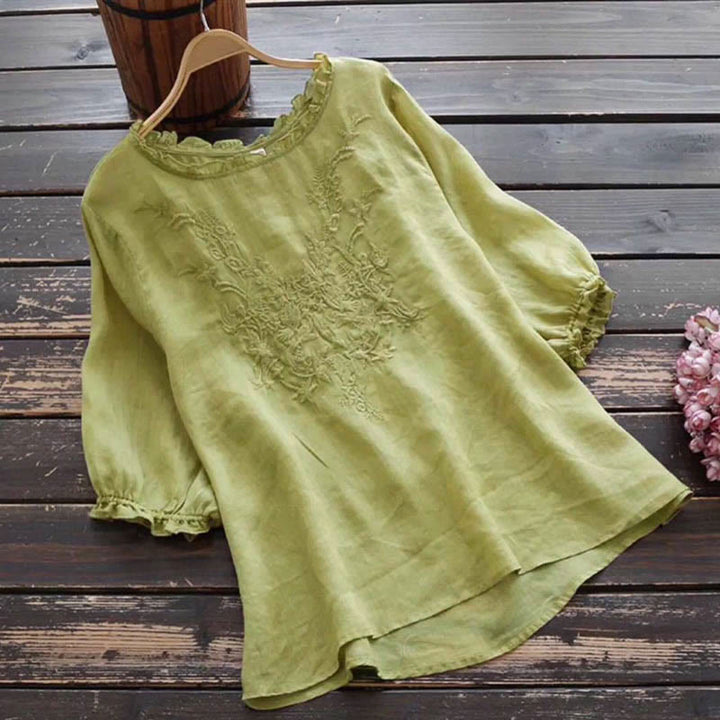 Koszulka damska z okrągłym dekoltem i haftem kwiatowym „Buddha Stones” - Żółtozielony - US14, UK/AU18, EU46 (4XL) - image 11