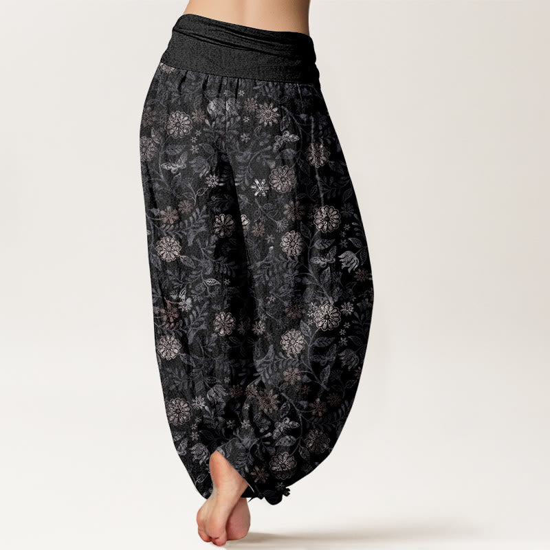 Buddha Stones Czysta bawełna Casual New York Aster Kwiaty Liście Projekt Damskie Spodnie Harem Elastyczna Talia