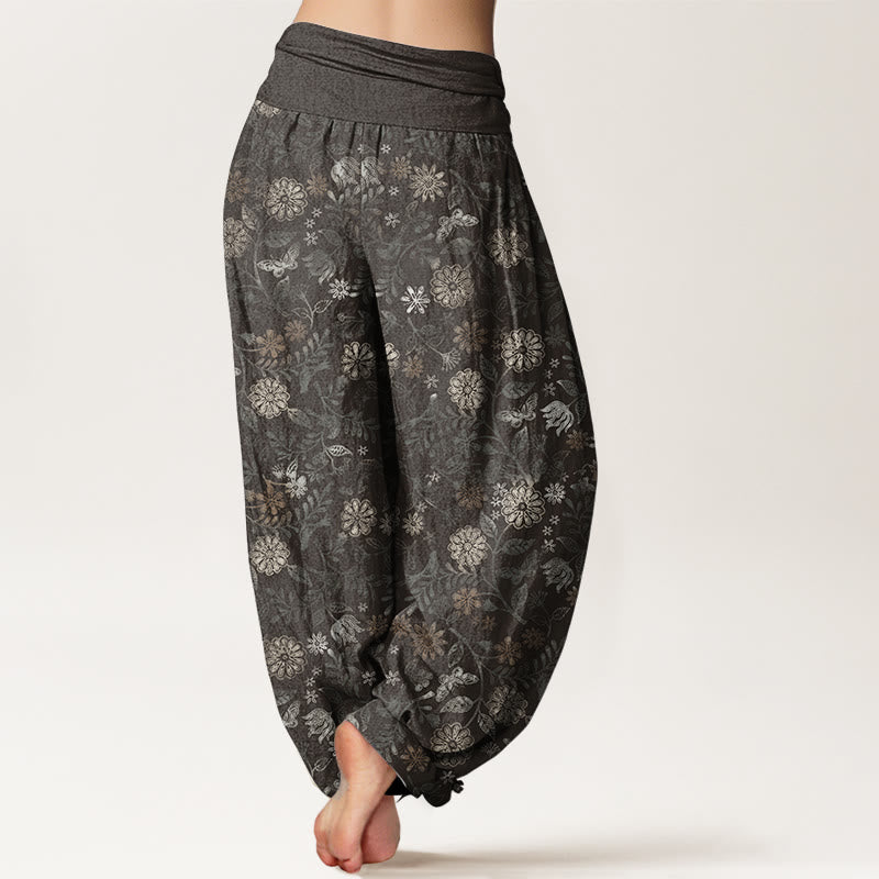 Buddha Stones Czysta bawełna Casual New York Aster Kwiaty Liście Projekt Damskie Spodnie Harem Elastyczna Talia