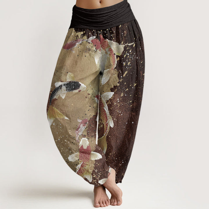 Buddha Stones Czysta bawełna Casual Koi Fish Złoty atrament Tło Wzór Damskie Elastyczne Spodnie Harem