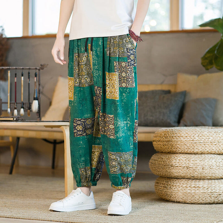 Męskie spodnie haremowe do kostek z kieszeniami i letnim kwadratowym patchworkiem z motywem Buddha Stones - ŚredniaAkwamaryna - US/UK/AU46， EU56 (5XL) - image 18