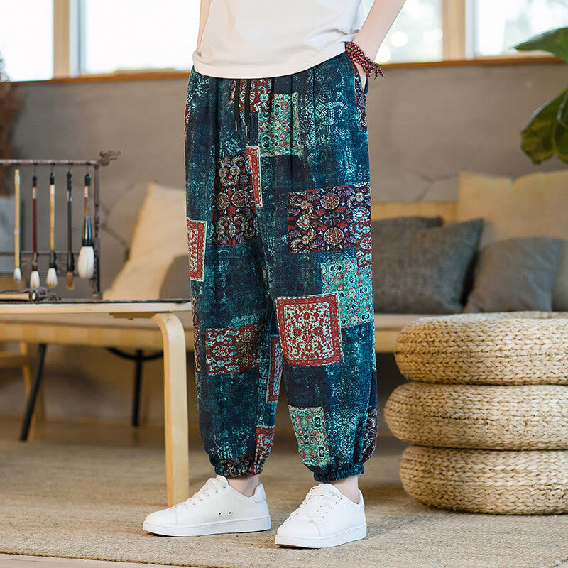 Męskie spodnie haremowe do kostek z kieszeniami i letnim kwadratowym patchworkiem z motywem Buddha Stones - Stalowoniebieski - US/UK/AU46， EU56 (5XL) - image 31