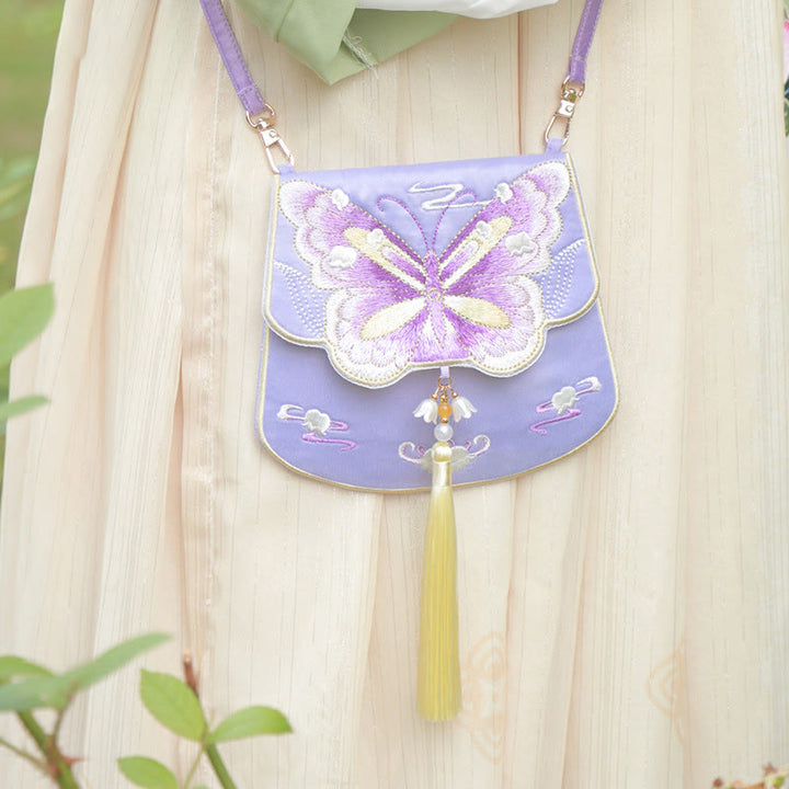 Buddha Stones Szczęście Haft Lotos Koi Ryba Królik Kwiat Hanfu Torba Crossbody Torba na Ramię - Fioletowy motyl - image 23