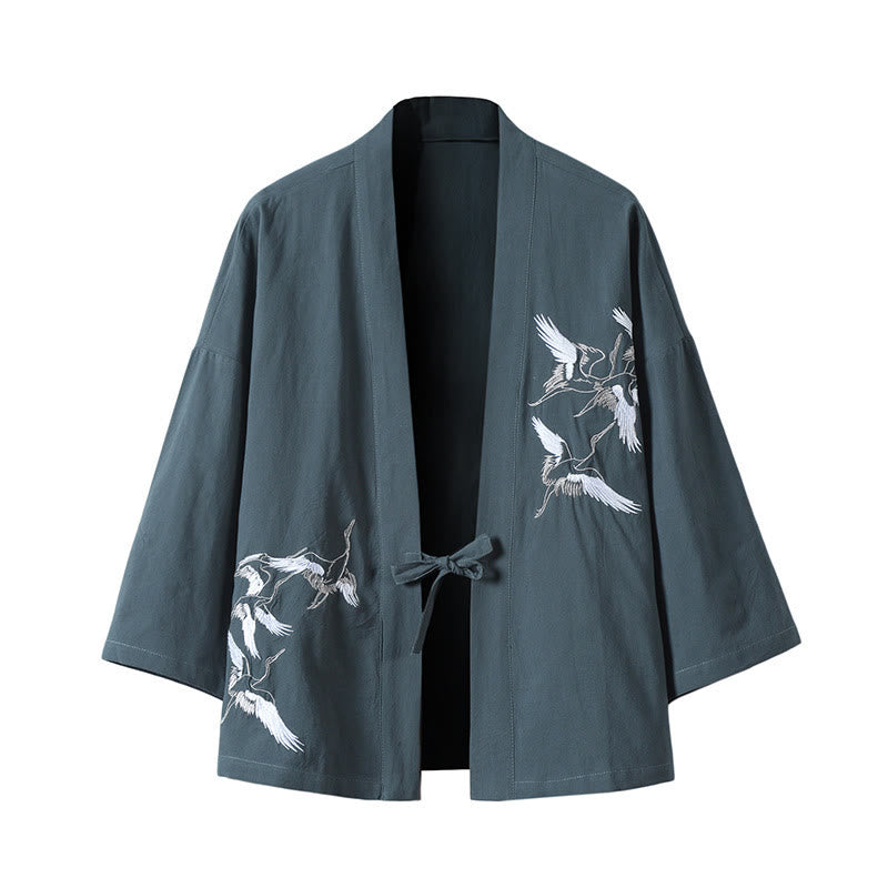 Kamienie Buddha Stones Haftowane Latające Białe Żurawie Bawełniana Lniana Kurtka Męska Kimono Otwarty Przód - CadetBlue - US/UK/AU46， EU56 (5XL) - image 0