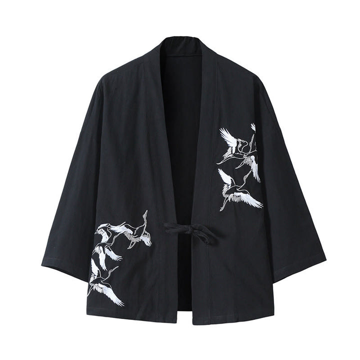 Kamienie Buddha Stones Haftowane Latające Białe Żurawie Bawełniana Lniana Kurtka Męska Kimono Otwarty Przód - Czarny - US/UK/AU46， EU56 (5XL) - image 13