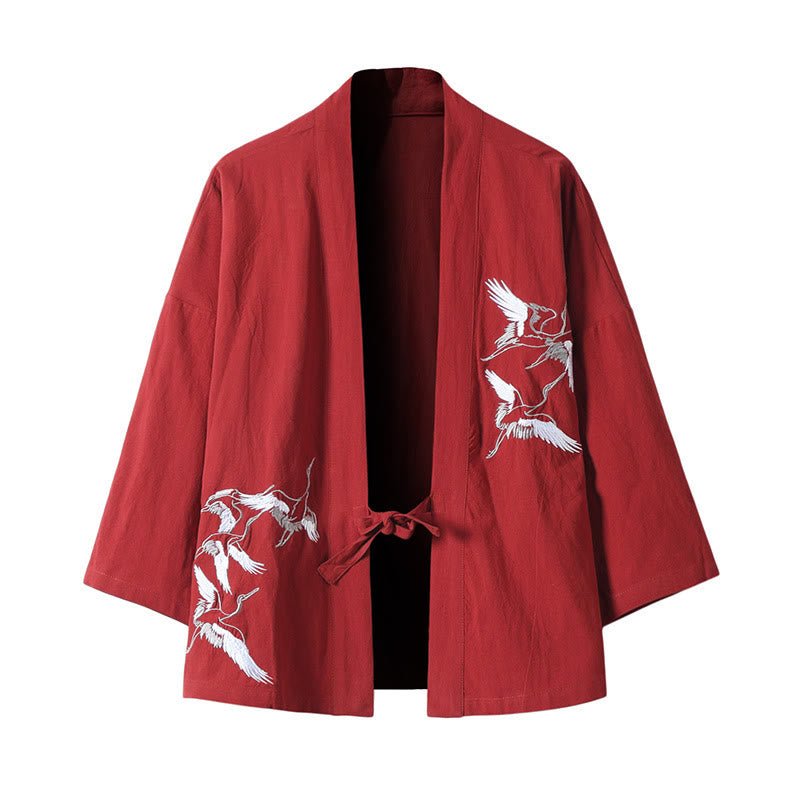 Kamienie Buddha Stones Haftowane Latające Białe Żurawie Bawełniana Lniana Kurtka Męska Kimono Otwarty Przód - Czerwony - US/UK/AU46， EU56 (5XL) - image 2