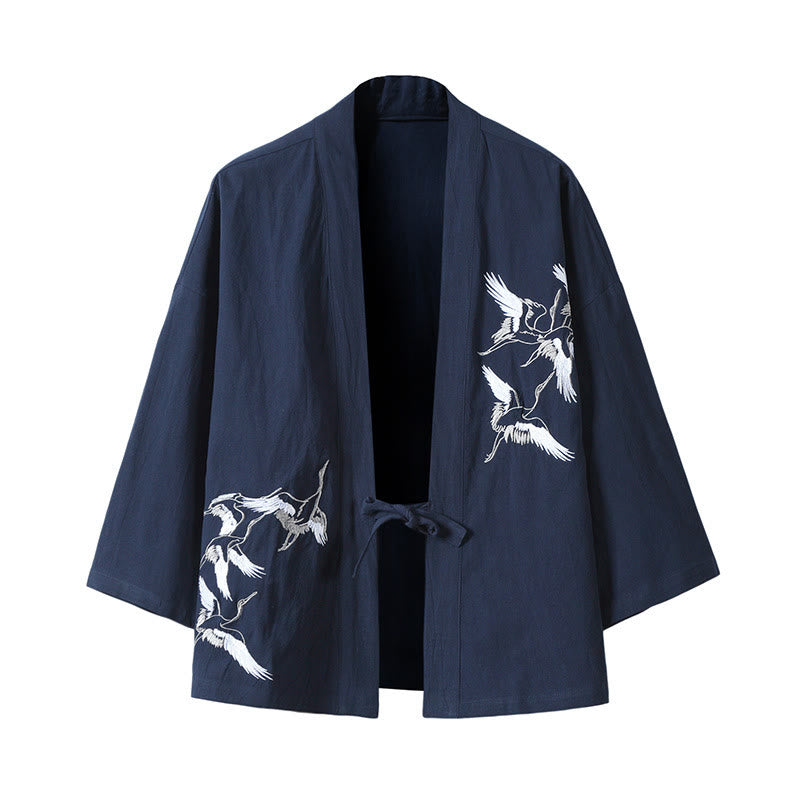 Kamienie Buddha Stones Haftowane Latające Białe Żurawie Bawełniana Lniana Kurtka Męska Kimono Otwarty Przód - Stalowoniebieski - US/UK/AU46， EU56 (5XL) - image 15