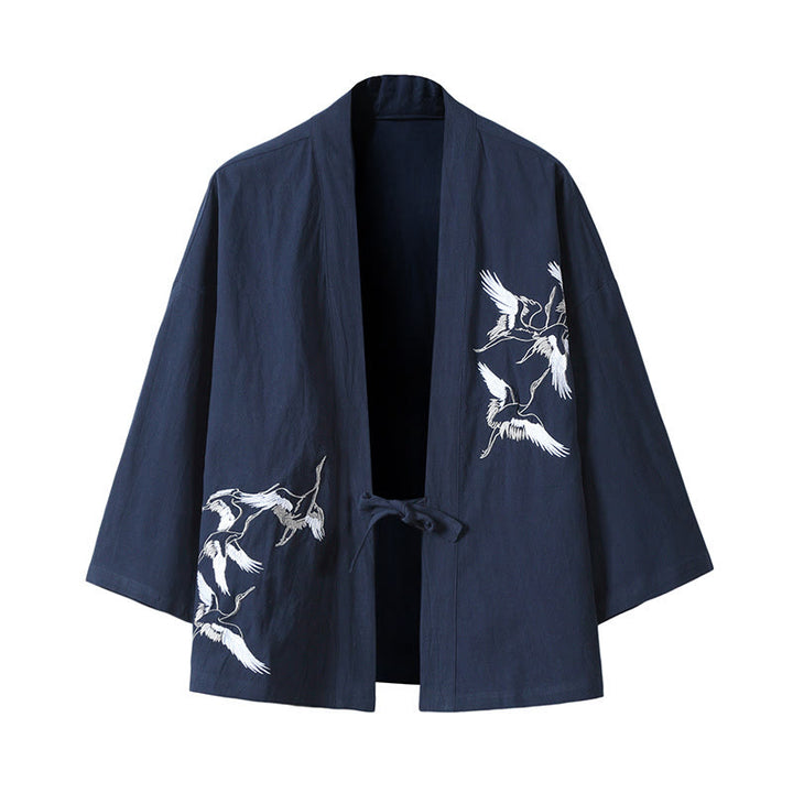 Kamienie Buddha Stones Haftowane Latające Białe Żurawie Bawełniana Lniana Kurtka Męska Kimono Otwarty Przód - Stalowoniebieski - US/UK/AU46， EU56 (5XL) - image 15