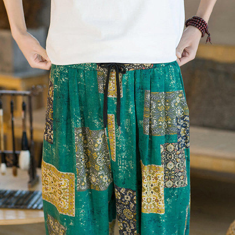 Buddha Stones Letnie Kwadratowe Patchworkowe Bawełniane Lniane Męskie Spodnie Harem Do Kostki Z Kieszeniami - image 26