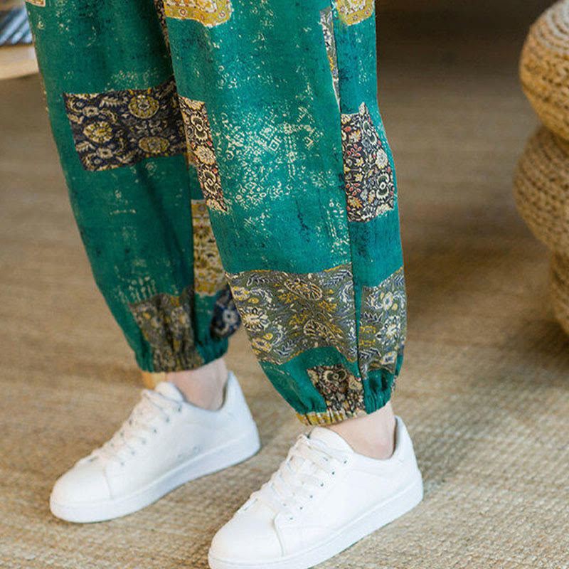 Buddha Stones Letnie Kwadratowe Patchworkowe Bawełniane Lniane Męskie Spodnie Harem Do Kostki Z Kieszeniami - image 28