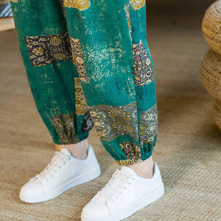 Buddha Stones Letnie Kwadratowe Patchworkowe Bawełniane Lniane Męskie Spodnie Harem Do Kostki Z Kieszeniami - image 28
