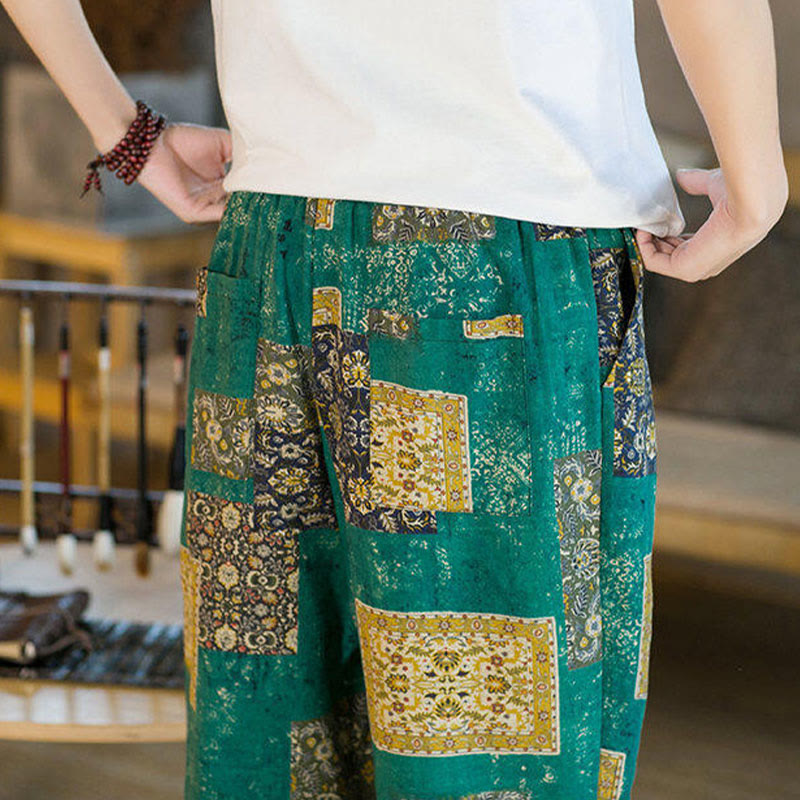 Buddha Stones Letnie Kwadratowe Patchworkowe Bawełniane Lniane Męskie Spodnie Harem Do Kostki Z Kieszeniami - image 25