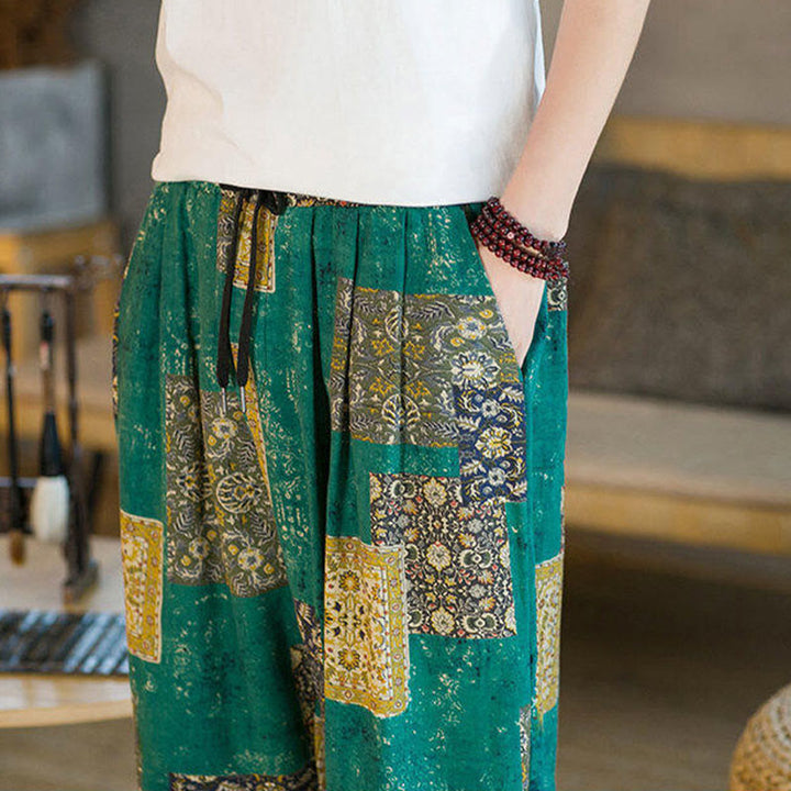 Buddha Stones Letnie Kwadratowe Patchworkowe Bawełniane Lniane Męskie Spodnie Harem Do Kostki Z Kieszeniami - image 27