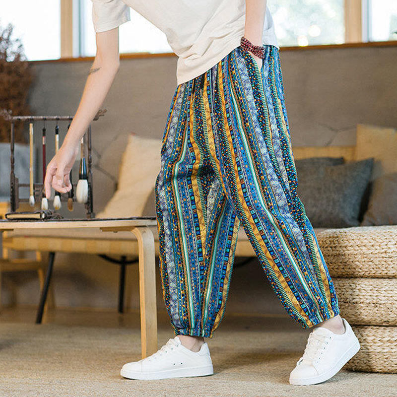 Kamienie Buddha Stones Bawełna Len Męskie Spodnie Harem Do Kostki Z Kieszeniami - image 6