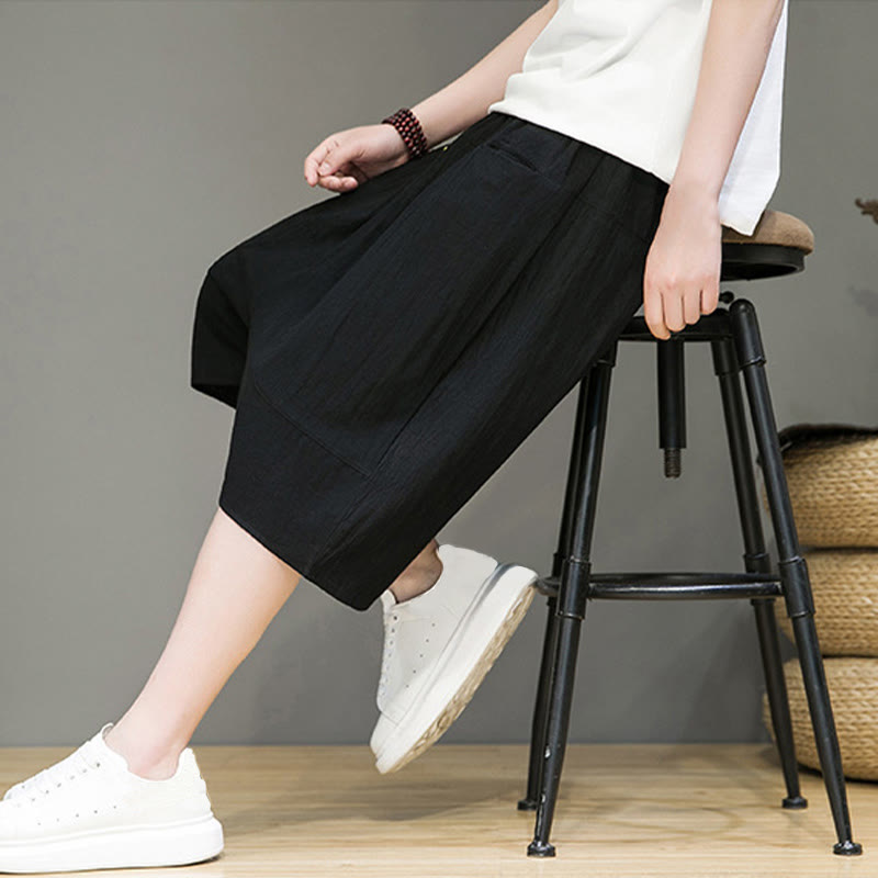 Buddha Stones Casualowe Spodnie Capri Harem Z Sznurkiem Bawełnianym I Lnianym Z Kieszeniami