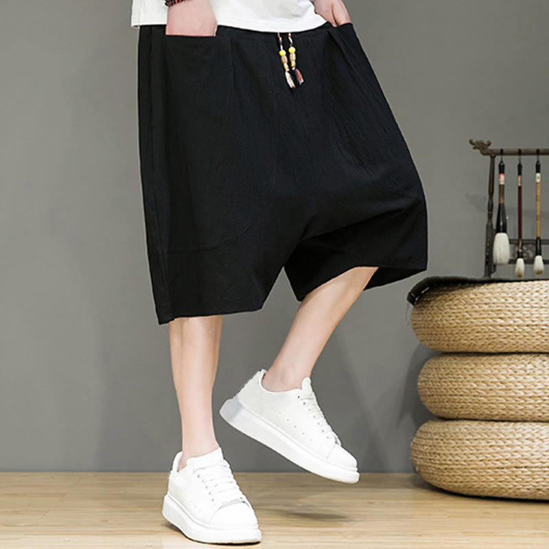 Buddha Stones Casualowe Spodnie Capri Harem Z Sznurkiem Bawełnianym I Lnianym Z Kieszeniami - image 18