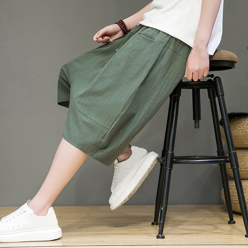 Buddha Stones Casualowe Spodnie Capri Harem Z Sznurkiem Bawełnianym I Lnianym Z Kieszeniami