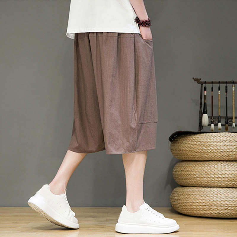 Buddha Stones Casualowe Spodnie Capri Harem Z Sznurkiem Bawełnianym I Lnianym Z Kieszeniami