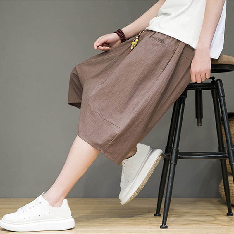 Buddha Stones Casualowe Spodnie Capri Harem Z Sznurkiem Bawełnianym I Lnianym Z Kieszeniami