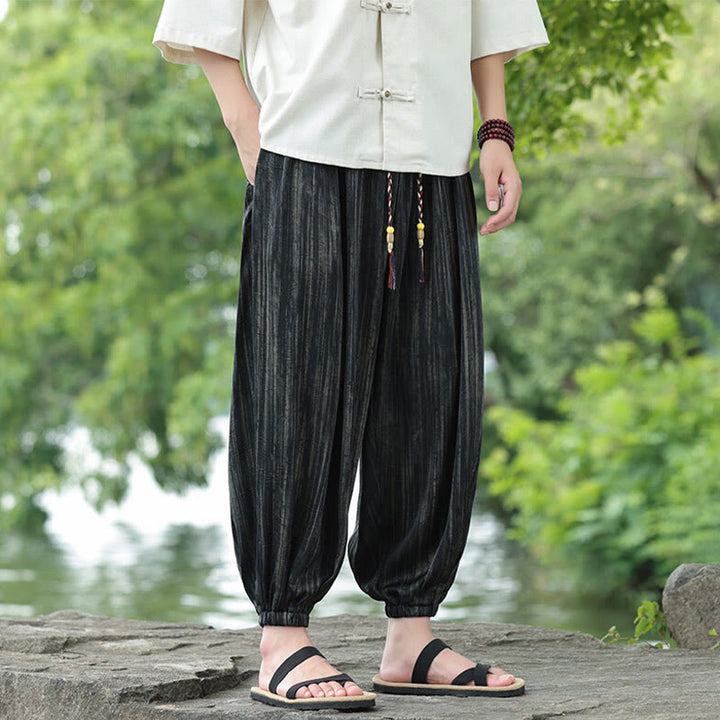 Spodnie haremowe męskie Buddha Stones Summer Black Stripes Drawstring z kieszeniami - image 2