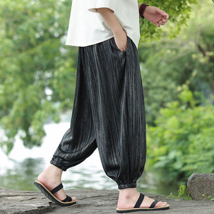 Spodnie haremowe męskie Buddha Stones Summer Black Stripes Drawstring z kieszeniami