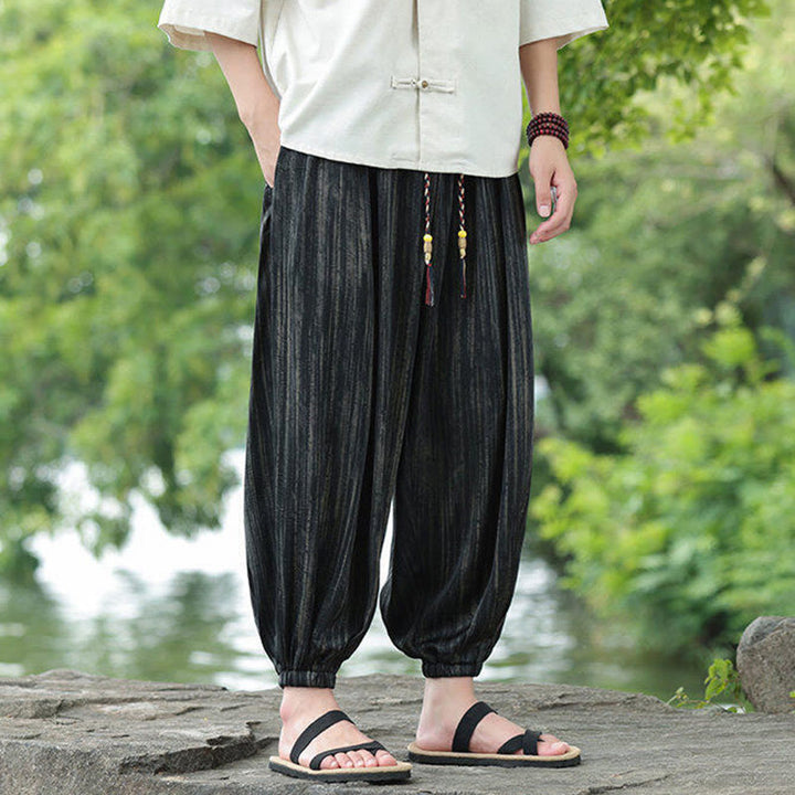 Spodnie haremowe męskie Buddha Stones Summer Black Stripes Drawstring z kieszeniami - image 5