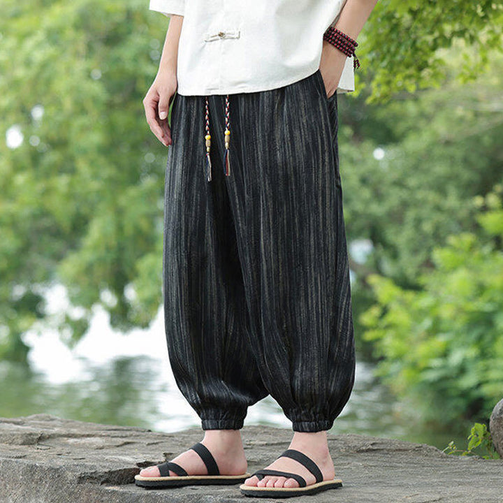 Spodnie haremowe męskie Buddha Stones Summer Black Stripes Drawstring z kieszeniami - image 6