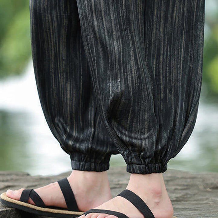 Spodnie haremowe męskie Buddha Stones Summer Black Stripes Drawstring z kieszeniami - image 12