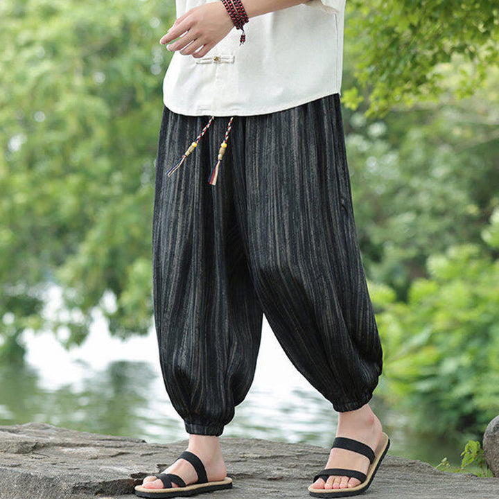 Spodnie haremowe męskie Buddha Stones Summer Black Stripes Drawstring z kieszeniami