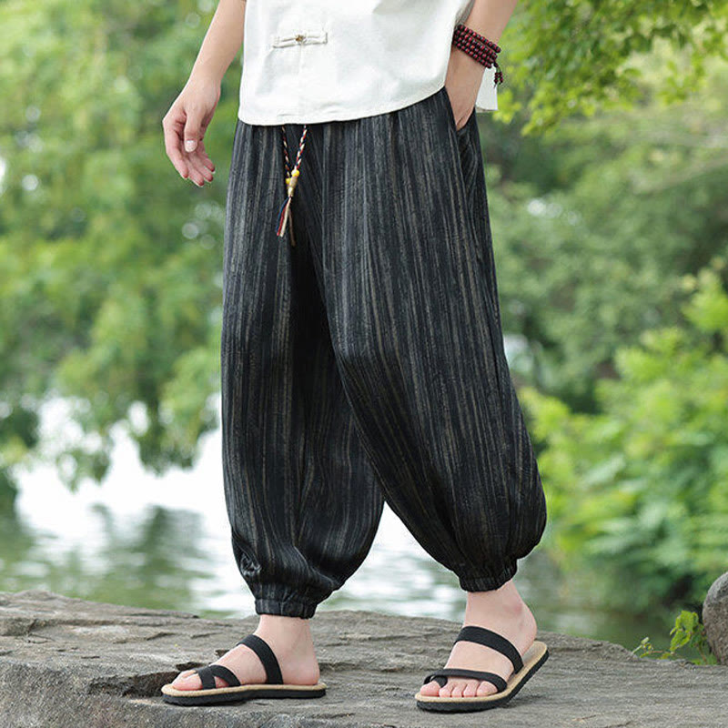Spodnie haremowe męskie Buddha Stones Summer Black Stripes Drawstring z kieszeniami - image 8