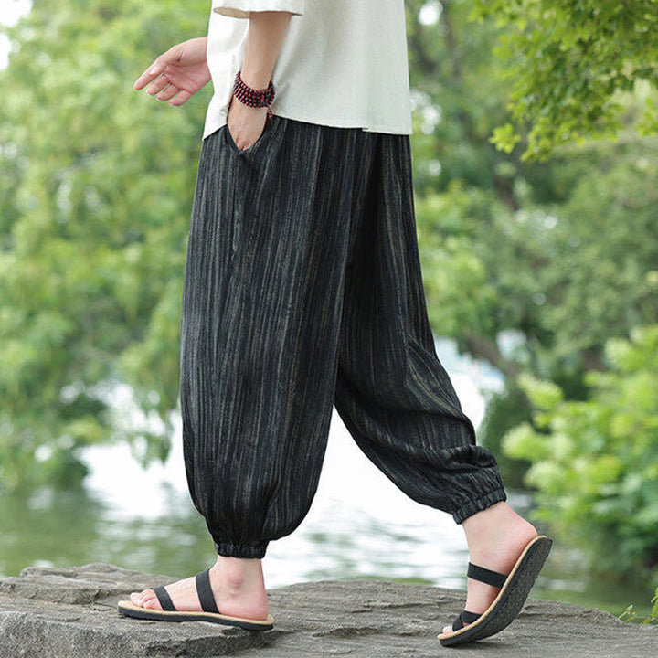 Spodnie haremowe męskie Buddha Stones Summer Black Stripes Drawstring z kieszeniami - image 4