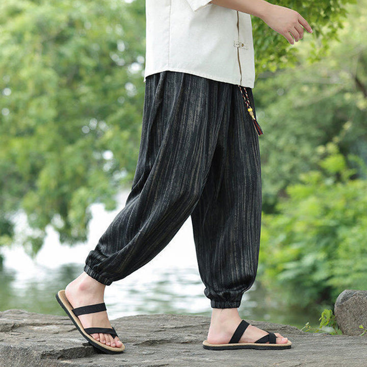Spodnie haremowe męskie Buddha Stones Summer Black Stripes Drawstring z kieszeniami - image 7
