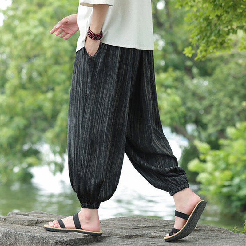 Spodnie haremowe męskie Buddha Stones Summer Black Stripes Drawstring z kieszeniami