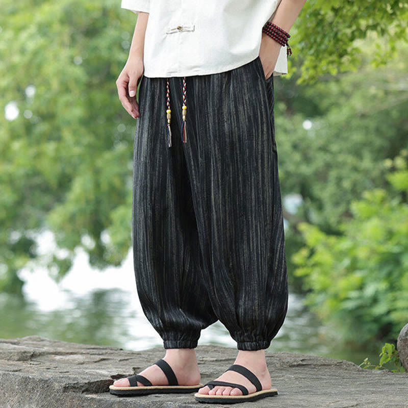 Spodnie haremowe męskie Buddha Stones Summer Black Stripes Drawstring z kieszeniami