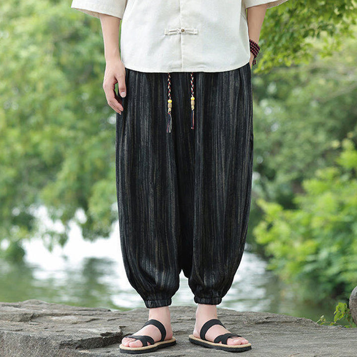 Spodnie haremowe męskie Buddha Stones Summer Black Stripes Drawstring z kieszeniami - image 1