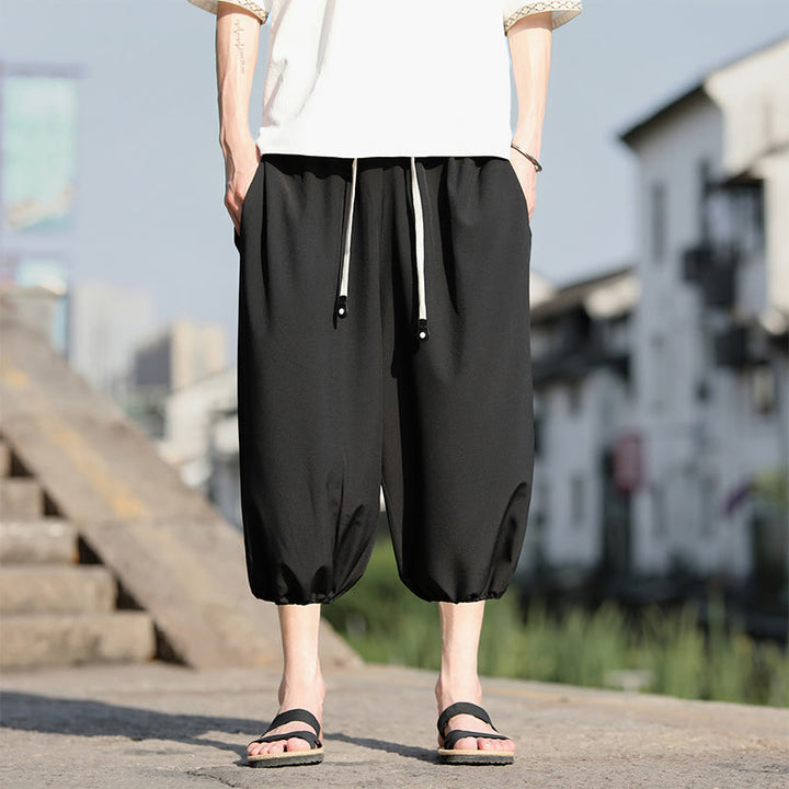 Spodnie haremowe męskie Capri z kieszeniami i ściągaczem Buddha Stones Solid Drawstring - Czarny - US/UK/AU46， EU56 (5XL) - image 16