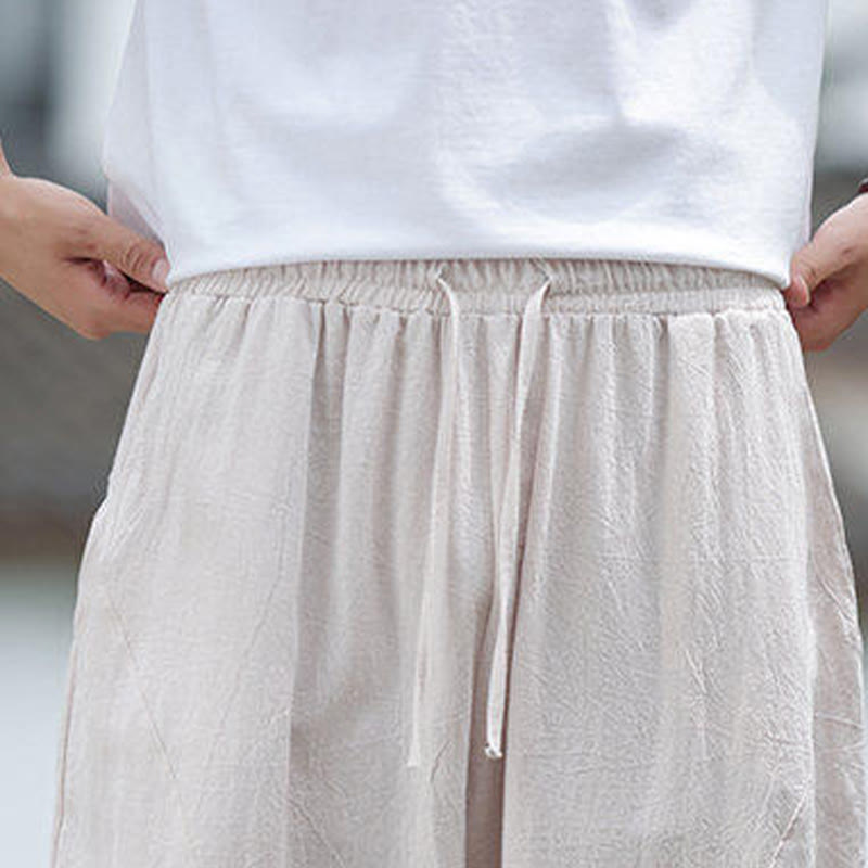 Buddha Stones Solidne Sznurki Męskie Elastyczne Spodnie Bawełniane Lniane Z Kieszeniami - image 8