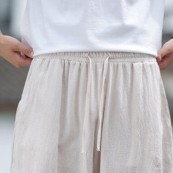 Buddha Stones Solidne Sznurki Męskie Elastyczne Spodnie Bawełniane Lniane Z Kieszeniami - image 8