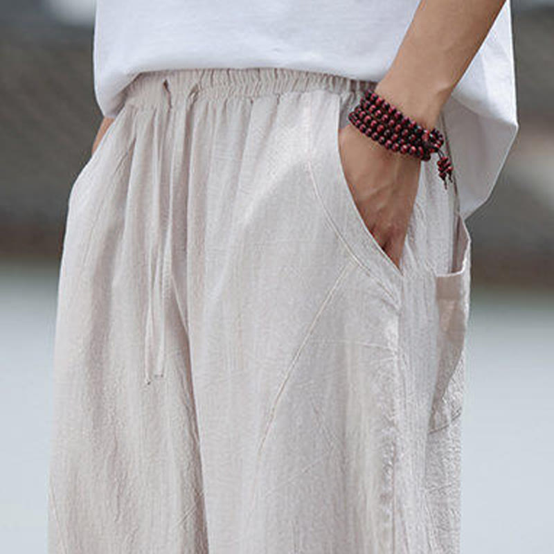 Buddha Stones Solidne Sznurki Męskie Elastyczne Spodnie Bawełniane Lniane Z Kieszeniami - image 9