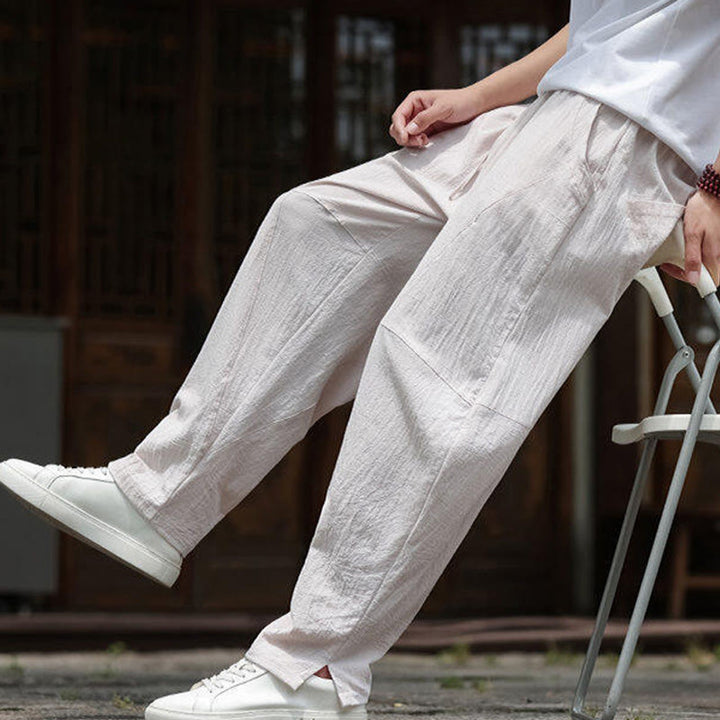 Buddha Stones Solidne Sznurki Męskie Elastyczne Spodnie Bawełniane Lniane Z Kieszeniami - image 7