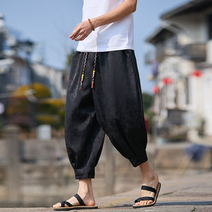 Buddha Stones Letni wzór haftu Spodnie ściągane sznurkiem męskie o długości 7-8 z kieszeniami - Czarny - US/UK/AU46， EU56 (5XL) - image 0