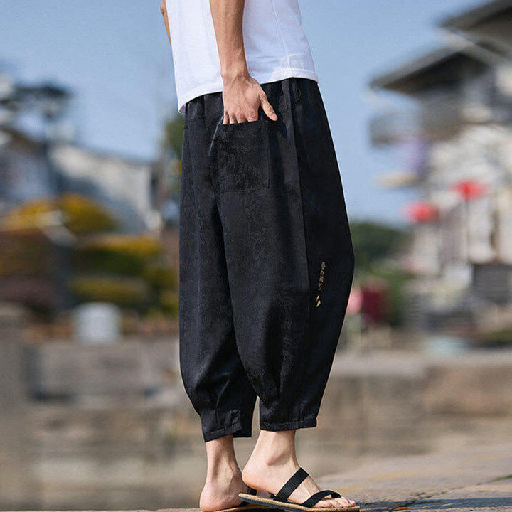 Buddha Stones Letni wzór haftu Spodnie ściągane sznurkiem męskie o długości 7-8 z kieszeniami - image 3